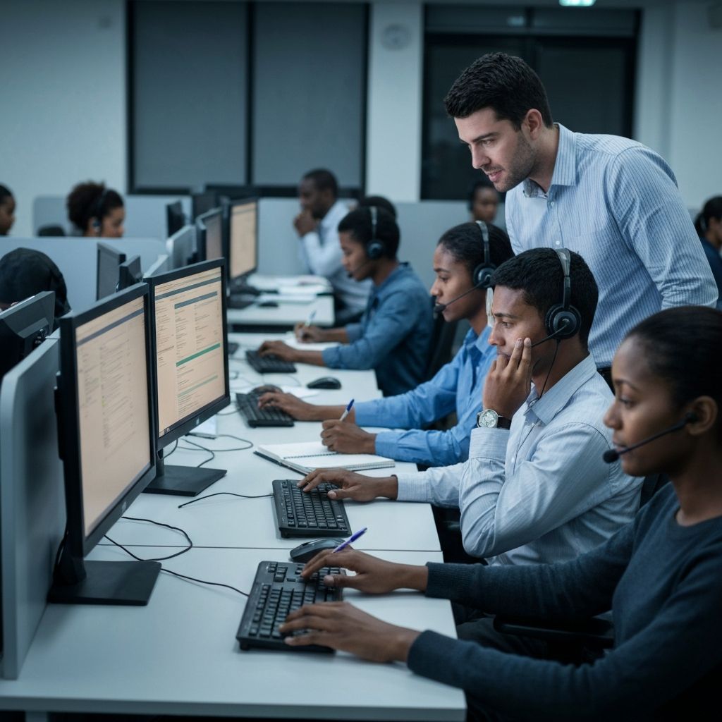 South African BPO contact centre operations floor with agents at workstations handling calls