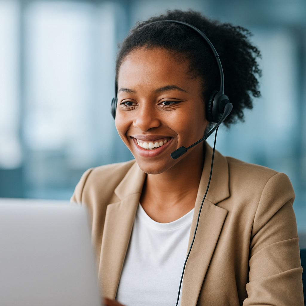 Young South African professional wearing a contact-centre headset and smiling at a laptop