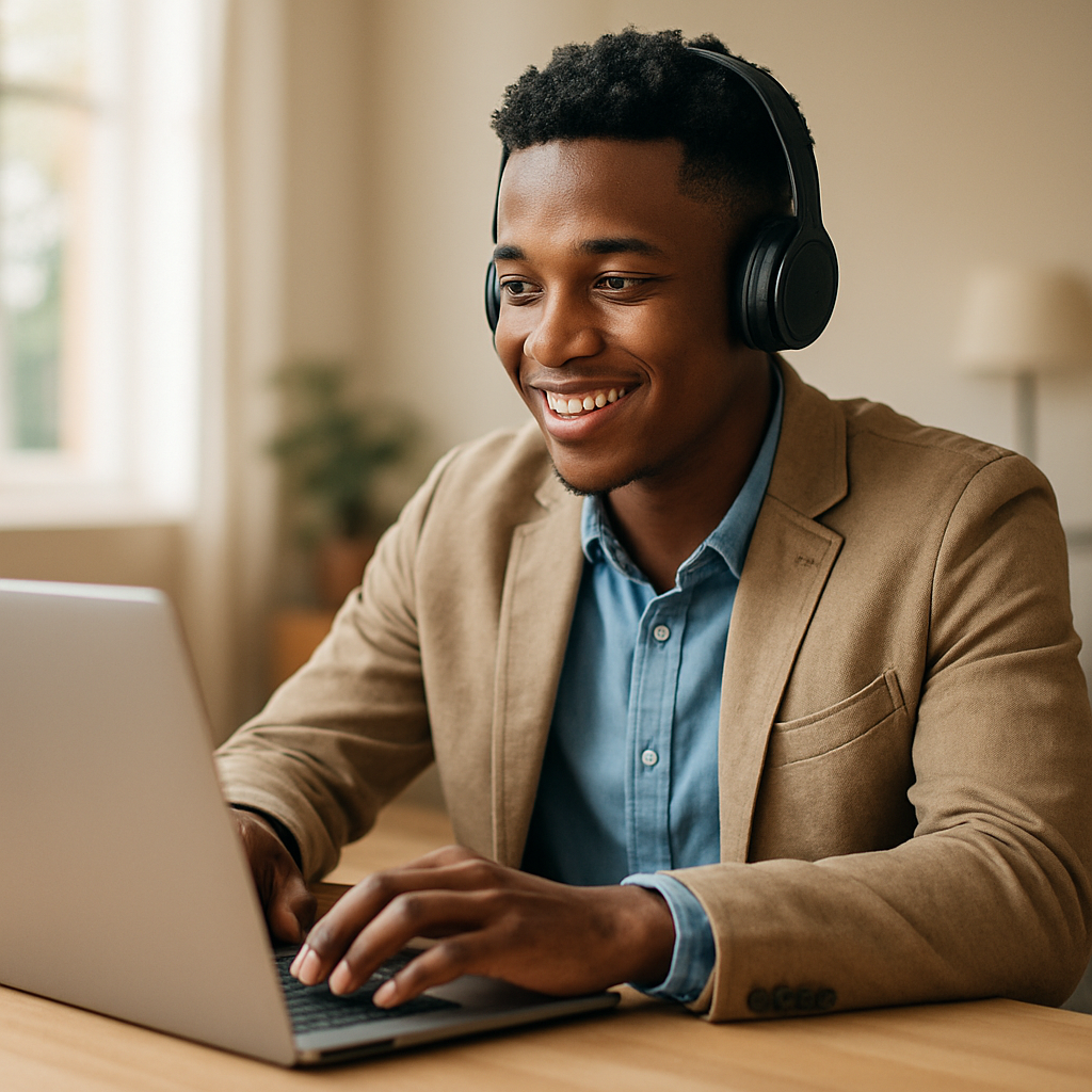 Young South African learner wearing headphones and working on a laptop