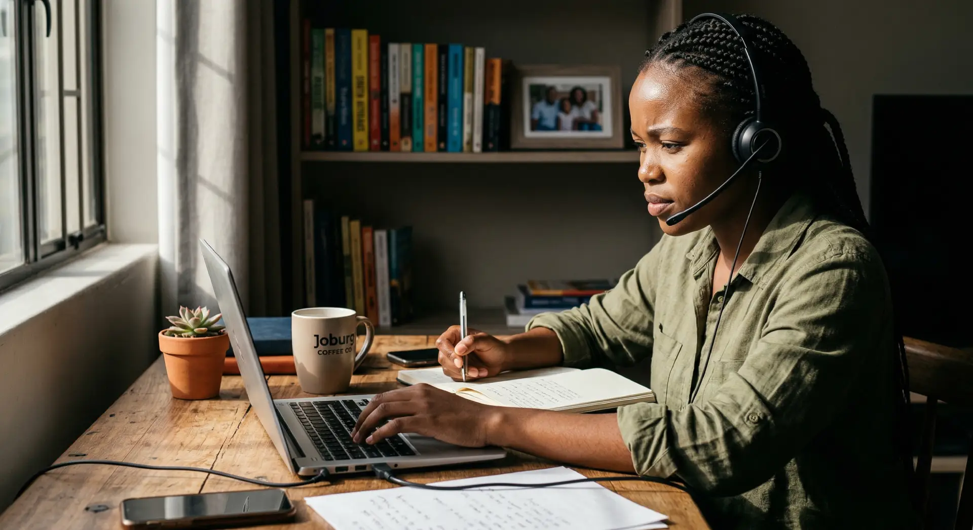Young Black African woman working from home with headset and laptop