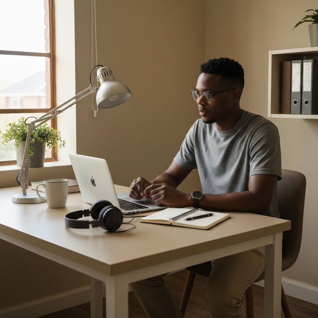 Professional home workspace with laptop, headset, and desk setup